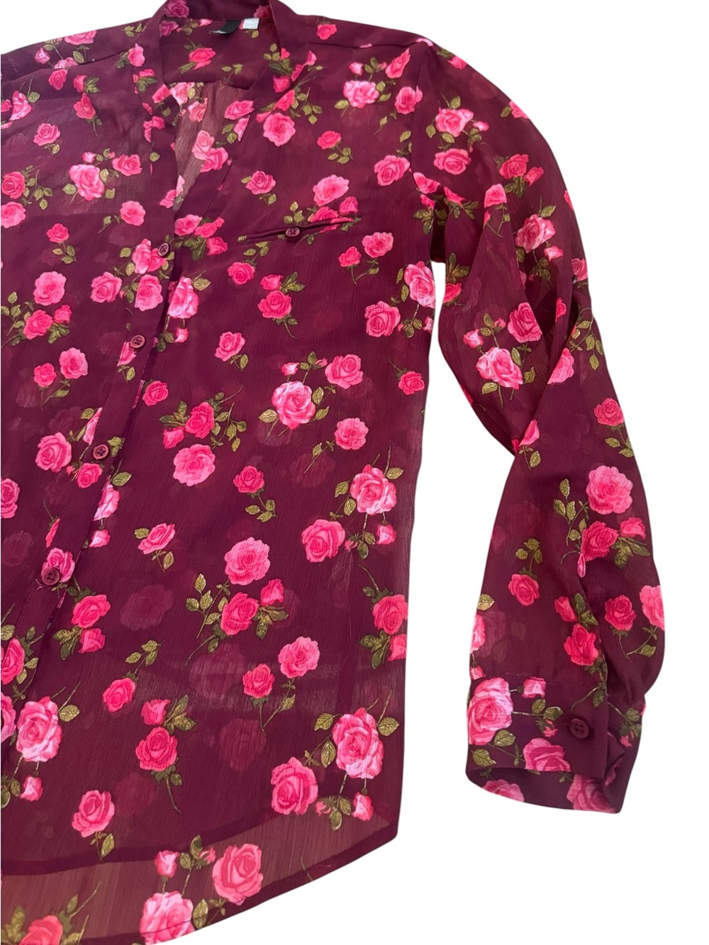 Kut from the Kluth Floral Button-Down Blouse - Burgundy with Pink Roses